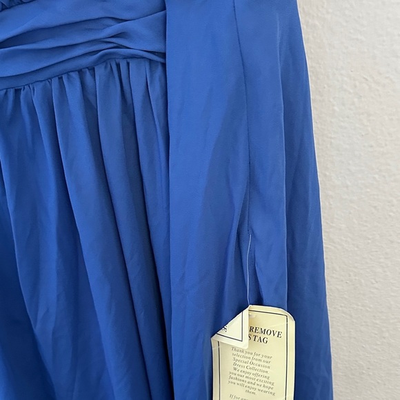 Blue Pleated V-Neck formal  Dress - Picture 3 of 6
